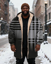 Big & Tall Men's Classic Geometric Black Plaid Printed Velvet Thickened Long Hooded Coat